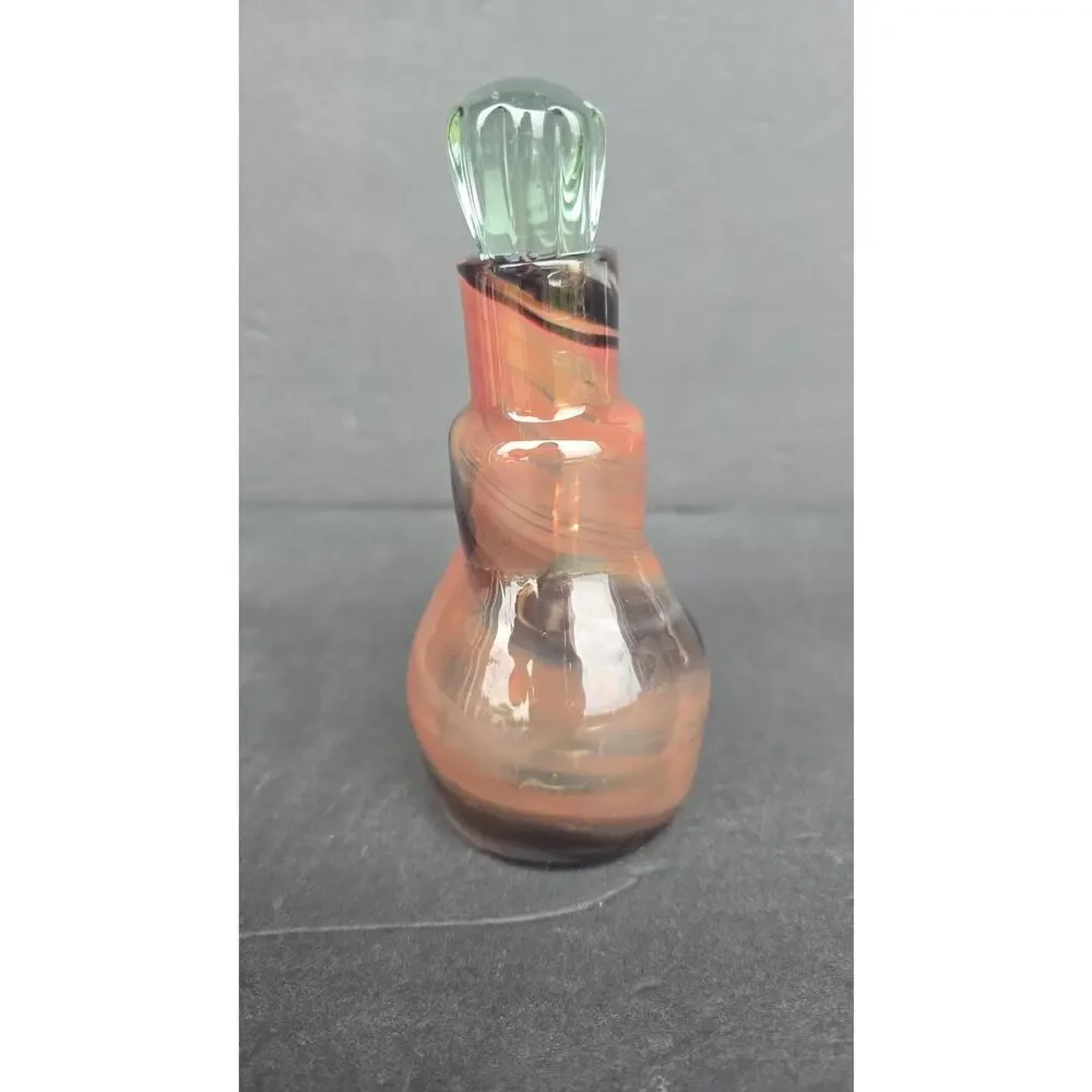 Hand Blown Studio Art Glass Handled Cruet Bottle w/ Stopper Swirl Green Mini